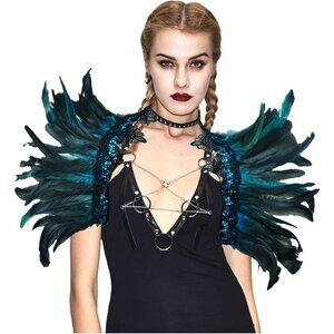 🆕Women Blue Feather Cape Shawl Shoulder Wrap Lace Collar Halloween Evil Costume